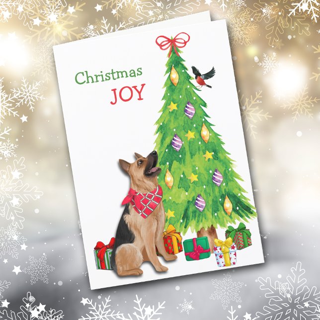 German Shepherd Dog, Bird, and Christmas Tree Holiday Card (Creator Uploaded)