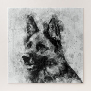 German Shepherd Dog Black and White Watercolor Jigsaw Puzzle