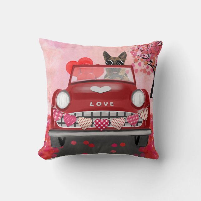 German Shepherd Dog Car with Hearts Valentine's Cushion (Front)
