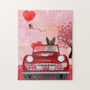 German Shepherd Dog Car with Hearts Valentine's Jigsaw Puzzle