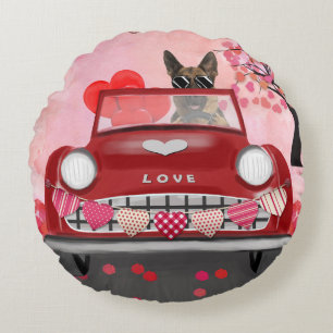 German Shepherd Dog Car with Hearts Valentine's Round Cushion