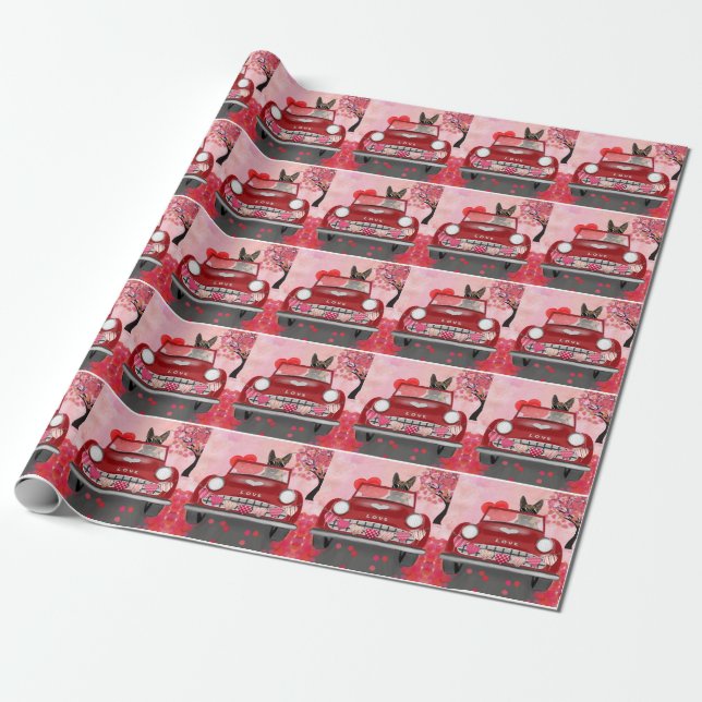 German Shepherd Dog Car with Hearts Valentine's  Wrapping Paper (Unrolled)