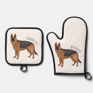 German shepherd dog cartoon illustration oven mitt & pot holder set