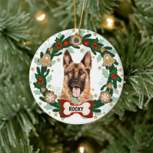 German Shepherd Dog Christmas Dog Cookie Wreath Ceramic Ornament