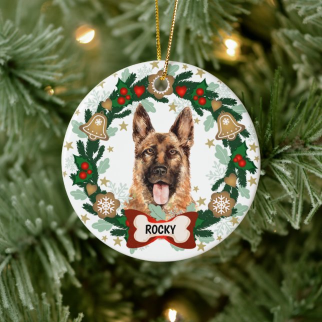German Shepherd Dog Christmas Dog Cookie Wreath Ceramic Ornament (Tree)