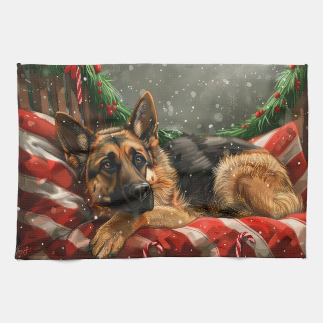 German Shepherd Dog Christmas Festive Tea Towel (Horizontal)