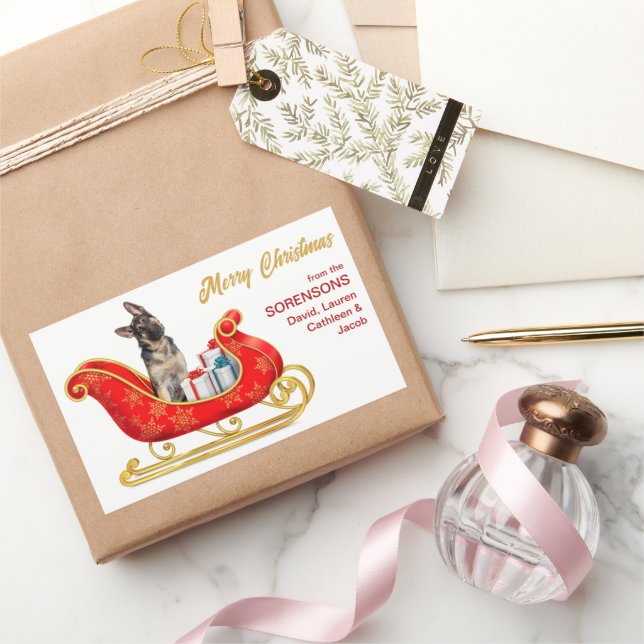 German Shepherd Dog Christmas Sleigh  Rectangular Sticker (Gifting)
