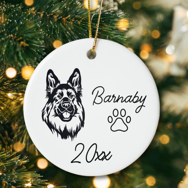 German Shepherd Dog Custom Name & Year Line Art Ceramic Ornament (German Shepherd Dog Custom Name and Year Ornament with Paw Print. Black and White Line Art Modern)
