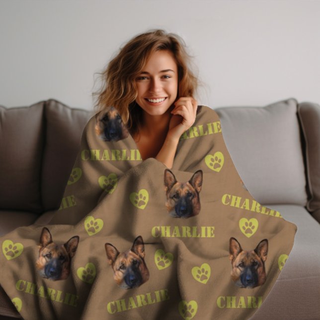 German Shepherd Dog, Custom Photo and Name Repeat  Fleece Blanket (Creator Uploaded)