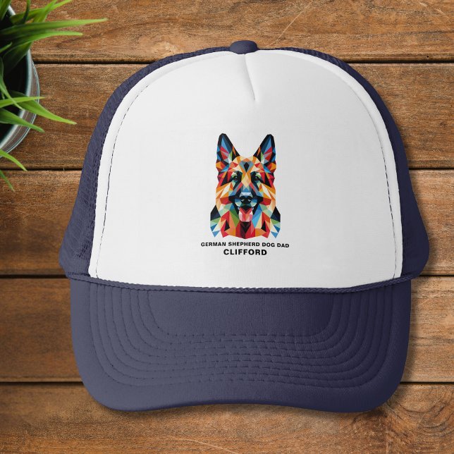 German Shepherd Dog Dad Personalised Polygonal Trucker Hat (Add name to personalize, or edit / delete text as required)