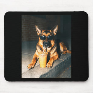 German Shepherd Dog Drinking Iced Coffee Dog Art Mouse Pad