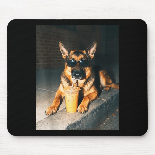 German Shepherd Dog Drinking Iced Coffee Dog Art Mouse Pad (Front)