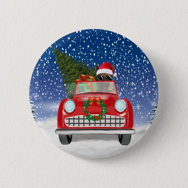 German Shepherd Dog Driving Car In Snow Christmas  6 Cm Round Badge (Front)
