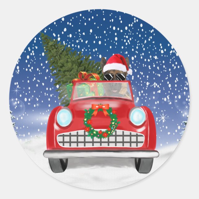 German Shepherd Dog Driving Car In Snow Christmas  Classic Round Sticker (Front)