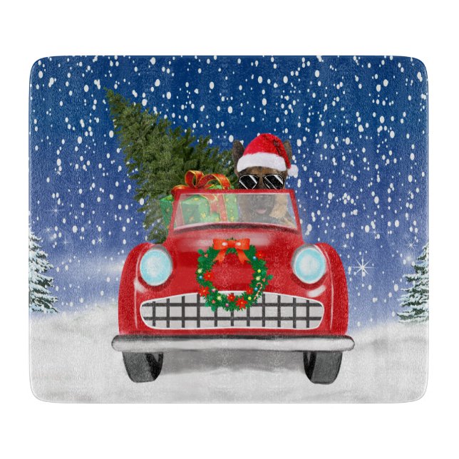 German Shepherd Dog Driving Car In Snow Christmas  Cutting Board (Front)