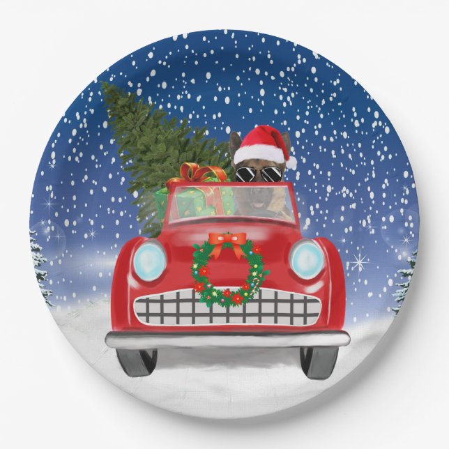 German Shepherd Dog Driving Car In Snow Christmas Paper Plate (Front)