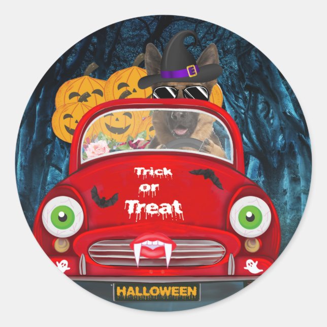 German Shepherd Dog Driving Car Scary Halloween Classic Round Sticker (Front)