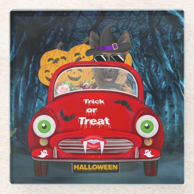 German Shepherd Dog Driving Car Scary Halloween Glass Coaster (Front)