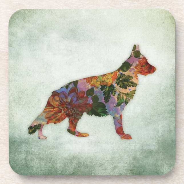 German Shepherd Dog Floral On Green Coaster (Front)