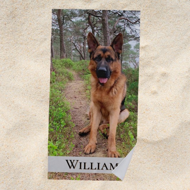 German Shepherd dog forest path name Beach Towel (Creator Uploaded)