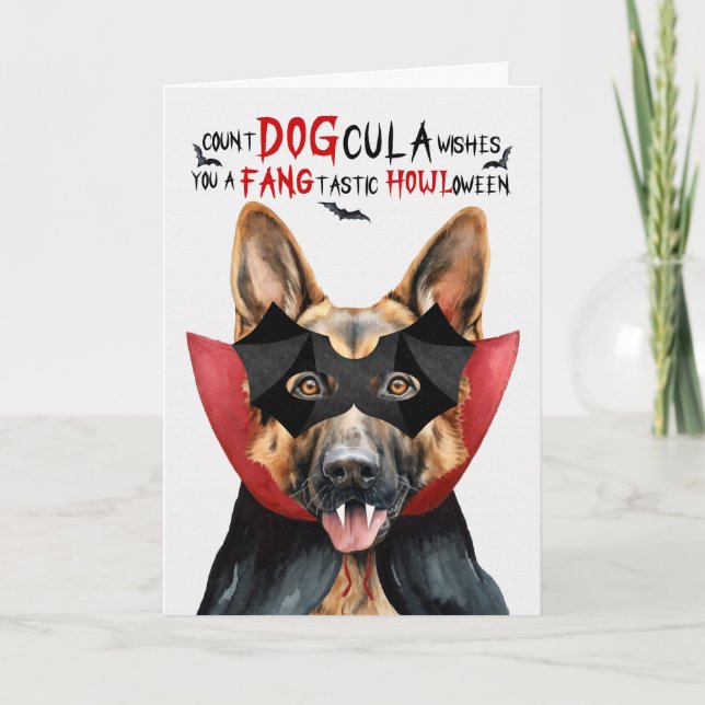German Shepherd Dog Funny Count DOGcula Halloween Holiday Card (Front)