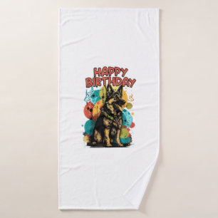 German Shepherd Dog Happy Birthday Party Shep Clot Bath Towel