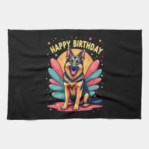 German Shepherd Dog Happy Birthday Party Shep Clot Tea Towel