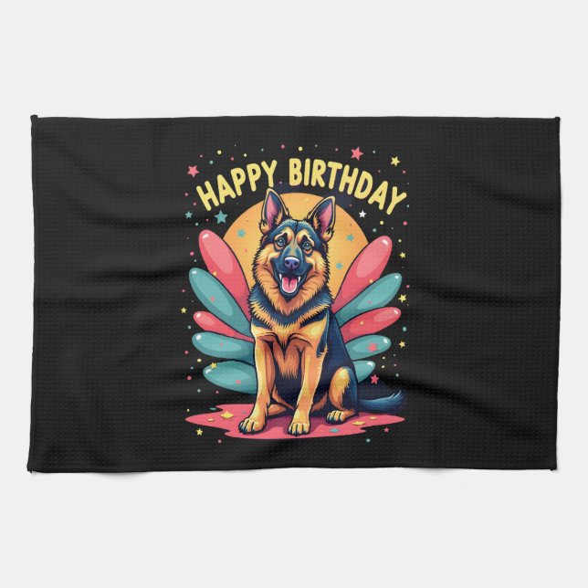 German Shepherd Dog Happy Birthday Party Shep Clot Tea Towel (Horizontal)