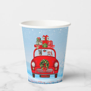 German Shepherd Dog In Car With Santa Claus  Paper Cups
