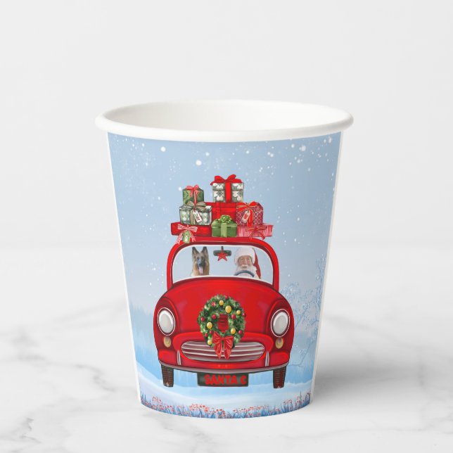 German Shepherd Dog In Car With Santa Claus  Paper Cups (Front)