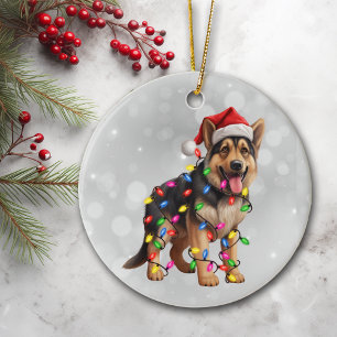 German Shepherd Dog in Christmas Lights  Ceramic Ornament