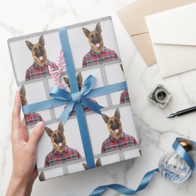 German Shepherd Dog In Plaid Wrapping Paper (Gifting)