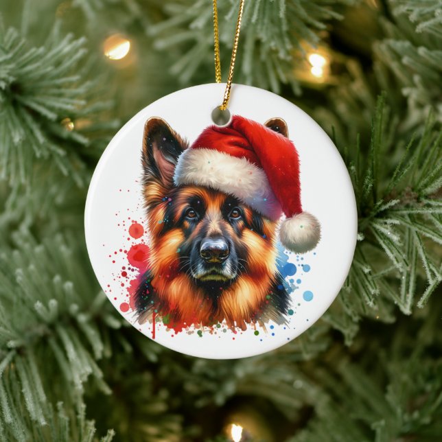 German Shepherd Dog in Santa Hat Christmas   Ceramic Ornament (Tree)