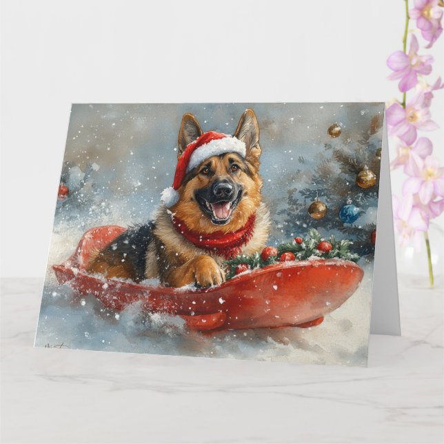 German Shepherd Dog in Sledge Snow Christmas Card (Orchid)