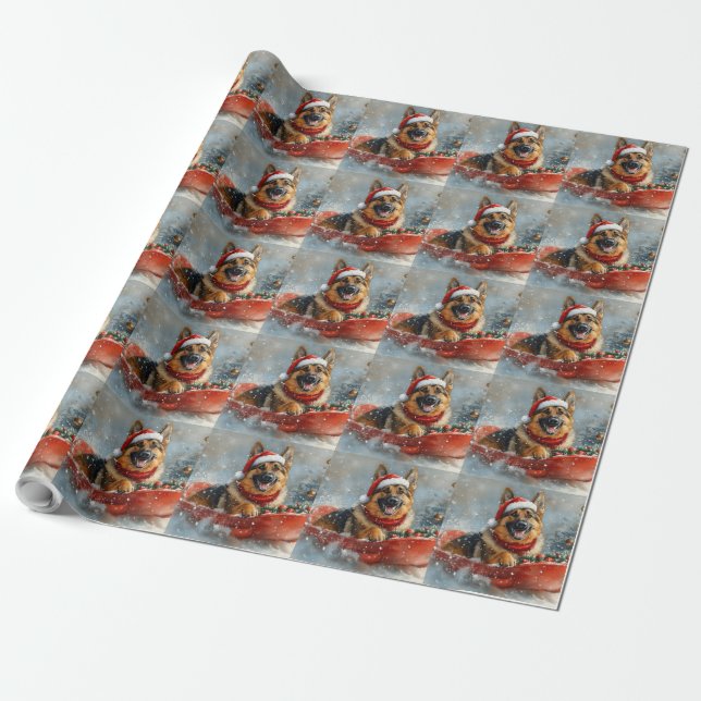 German Shepherd Dog in Sledge Snow Christmas Wrapping Paper (Unrolled)