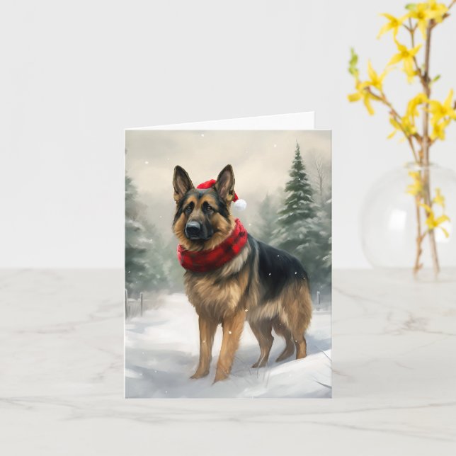 German Shepherd Dog in Snow Christmas Card (Yellow Flower)