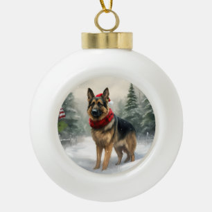 German Shepherd Dog in Snow Christmas Ceramic Ball Christmas Ornament