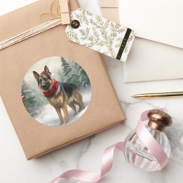 German Shepherd Dog in Snow Christmas Classic Round Sticker (Gifting)