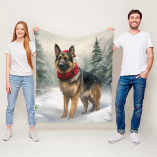 German Shepherd Dog in Snow Christmas Fleece Blanket