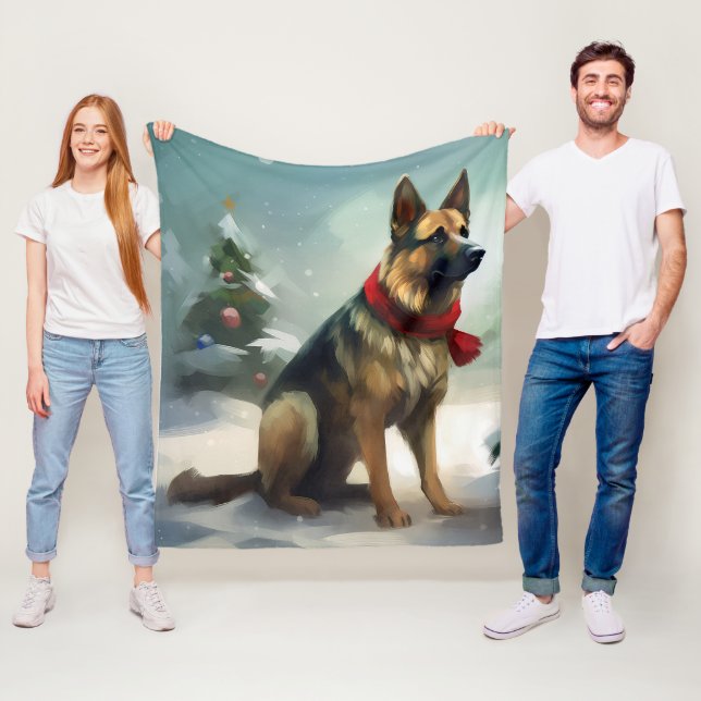 German Shepherd Dog in Snow Christmas Fleece Blanket (In Situ)