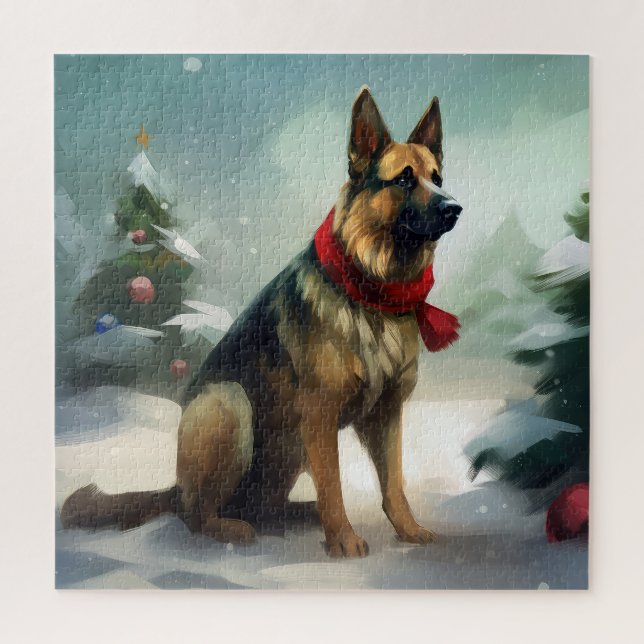 German Shepherd Dog in Snow Christmas Jigsaw Puzzle (Vertical)