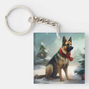 German Shepherd Dog in Snow Christmas Key Ring