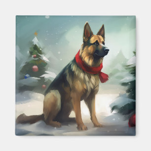 German Shepherd Dog in Snow Christmas Magnet