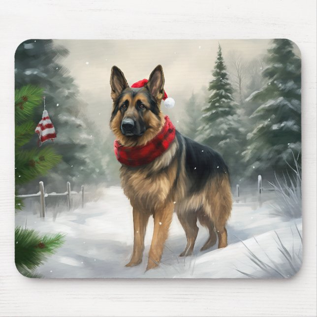 German Shepherd Dog in Snow Christmas Mouse Pad (Front)