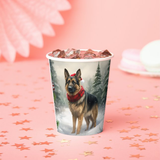 German Shepherd Dog in Snow Christmas Paper Cups (Insitu)
