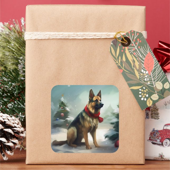 German Shepherd Dog in Snow Christmas Square Sticker (Holiday)