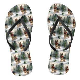 German Shepherd Dog in Snow Christmas Thongs