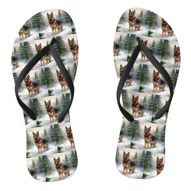 German Shepherd Dog in Snow Christmas Thongs (Footbed)