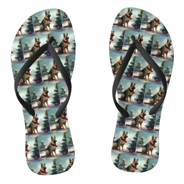 German Shepherd Dog in Snow Christmas Thongs (Footbed)
