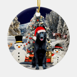 German Shepherd Dog In Snow Santa Hat Lights Ceramic Ornament